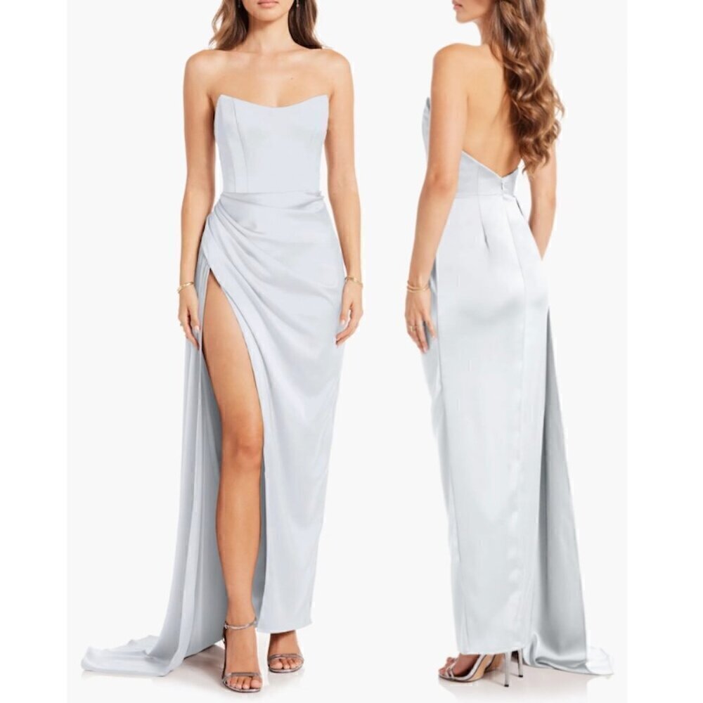 KATIE MAY Bita Strapless Satin Gown in Celestial Blue Size XX-Small